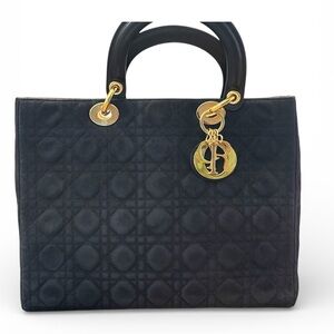 Vintage Lady Dior cloth black quilted handbag with gold charms